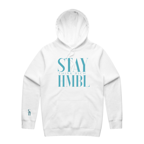 Stay HMBL Think Rich Mid-Weight Hoodie - White & Turquoise